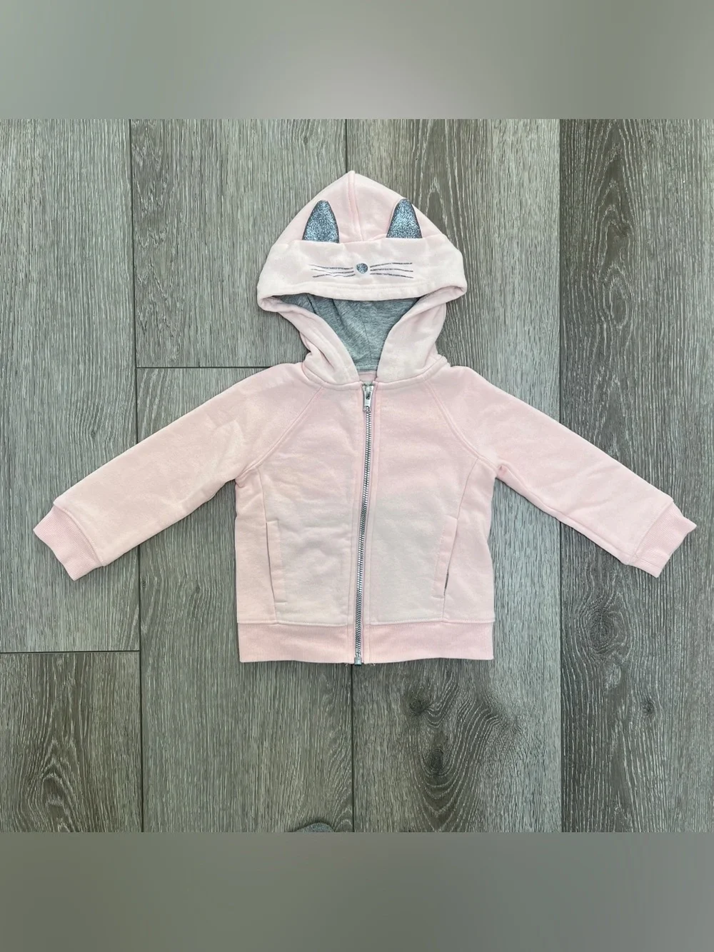 OSHKOSH LONG SLEEVE ZIP UP HOODED SWEATSHIRT LIGHT PINK SILVER CAT 24MO